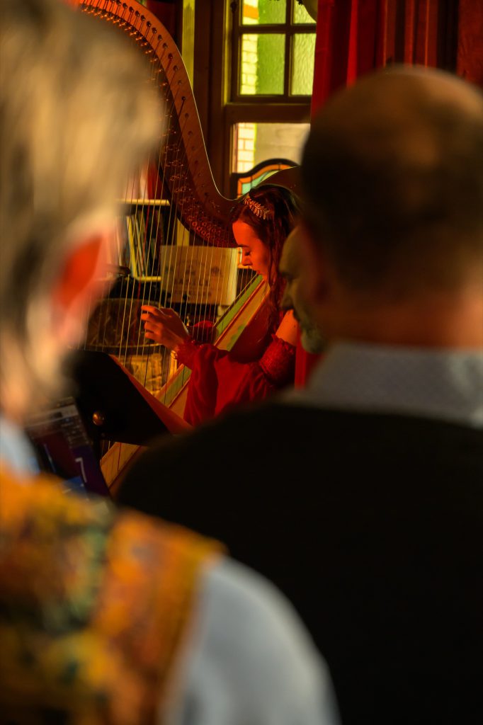Guests watching the harpist play, seen over their shoulders
